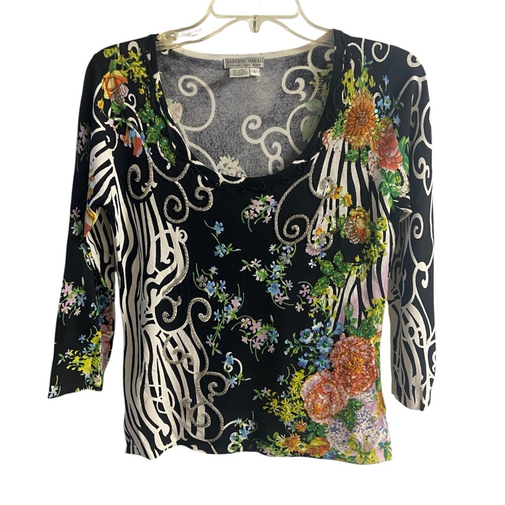 Alberto Makali Black Multicolor Floral Zebra Blouse Medium